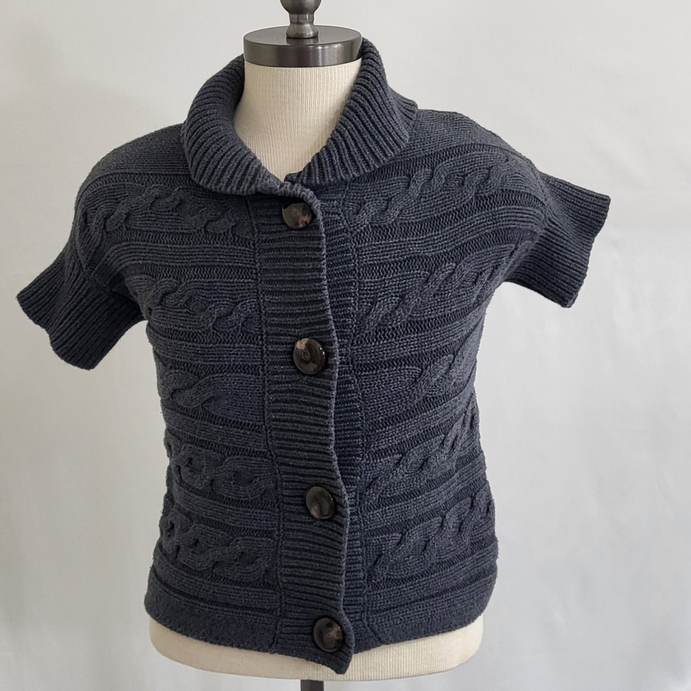Talbots Women's Petite SP Gray Cable Knit Large Button Collard Cardigan Sweater